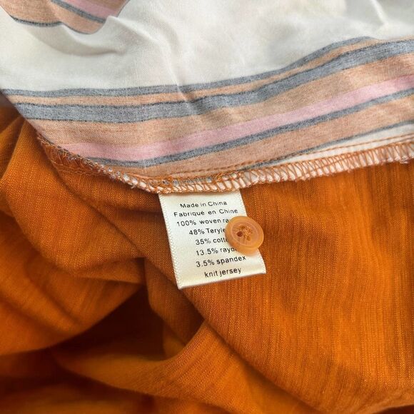 Porridge Clothing Womens XS Striped‎ Blouse Tee Orange White Blue Floral Trim - Picture 7 of 10